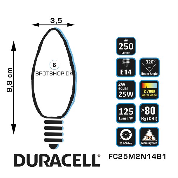 Duracell® LED filament - hvid kerte pære E14 med 250 lumen - (svarer til 25W) #FC25M2N14B1  
